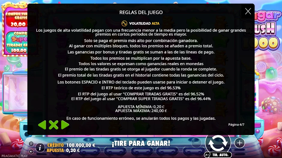 Sugar Rush 1000 — RTP y volatilidad