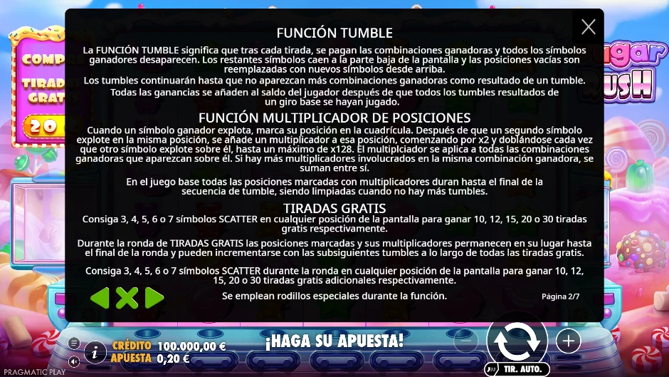 Sugar Rush — función tumble y multiplicador de posiciones